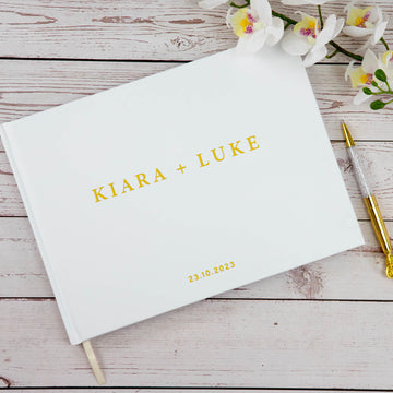 Personalised Wedding Guest Book, Custom Scrapbook Photo guestbook Gold Printed Names in White Hard Cover