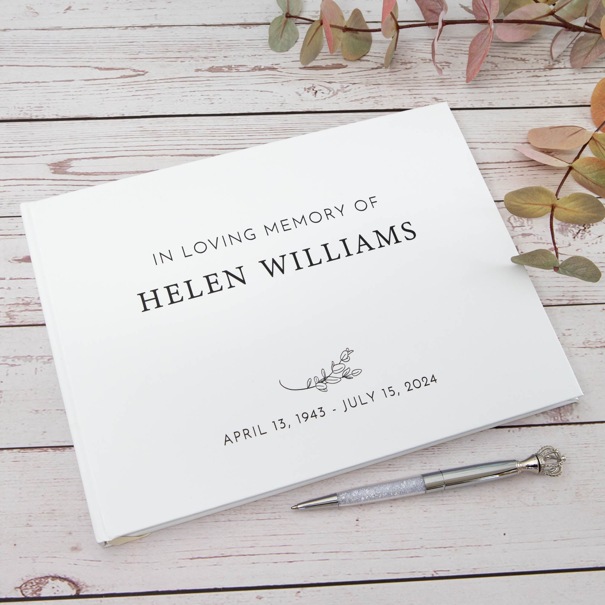Personalised Remembrance Memorial Guest Book in White Hard Cover, Printed Name