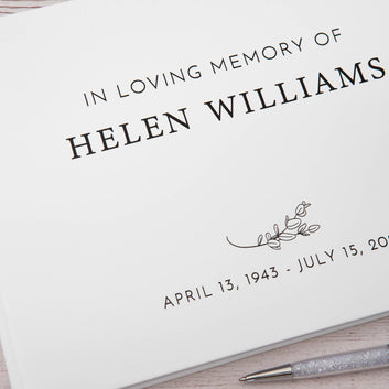 Personalised Remembrance Memorial Guest Book in White Hard Cover, Printed Name