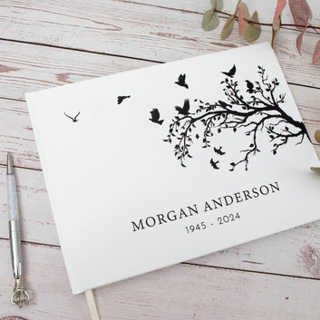 Personalised Memorial Remembrance Guest Book in White Hard Cover, Printed Name