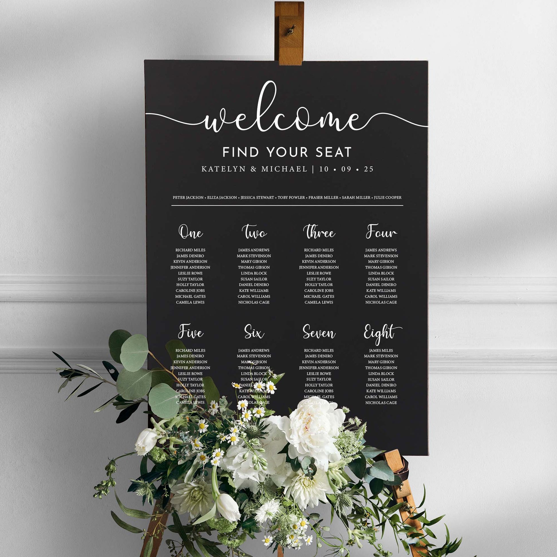 Personalised wedding seating chart in black foam board portrait