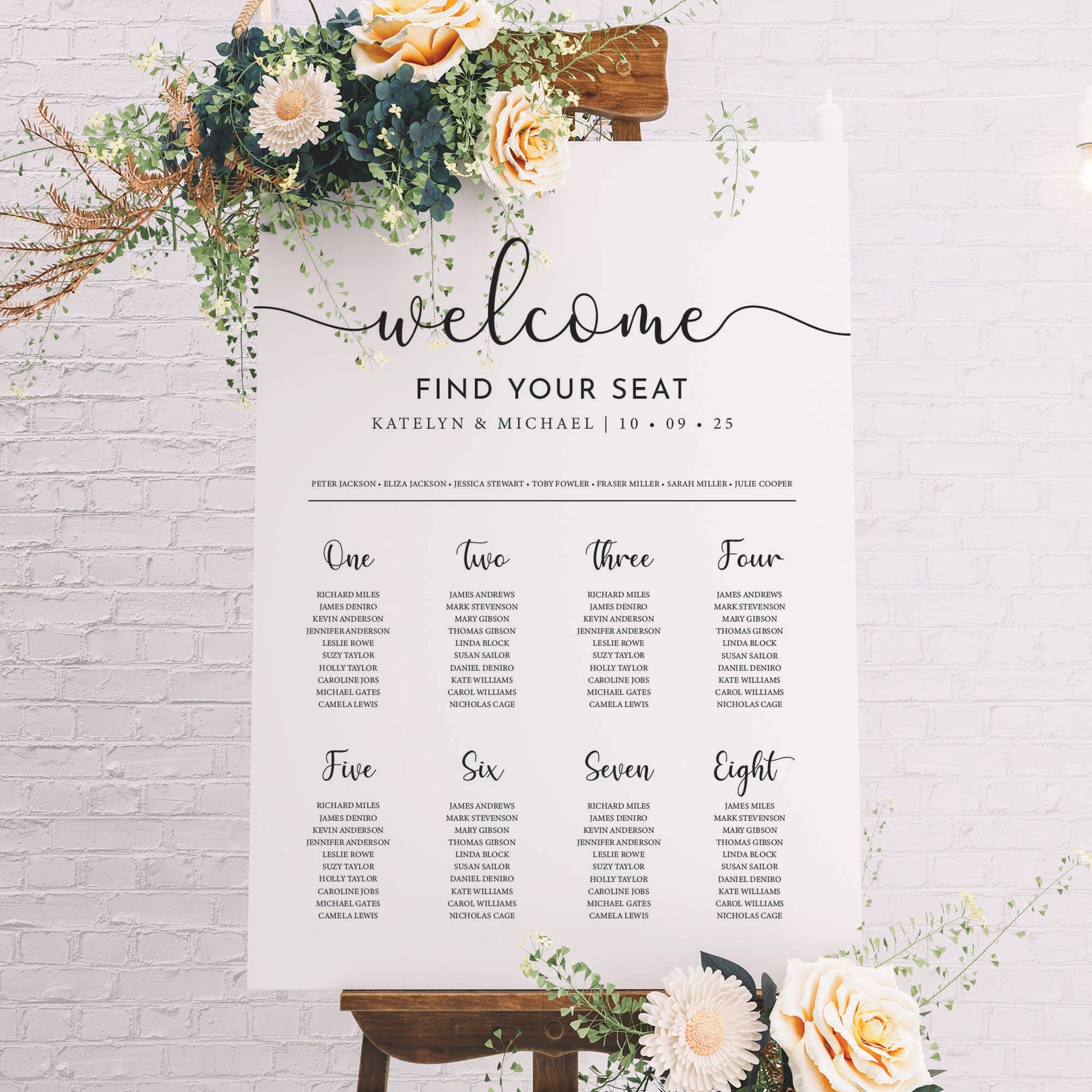 Personalised wedding seating chart in white foam board portrait