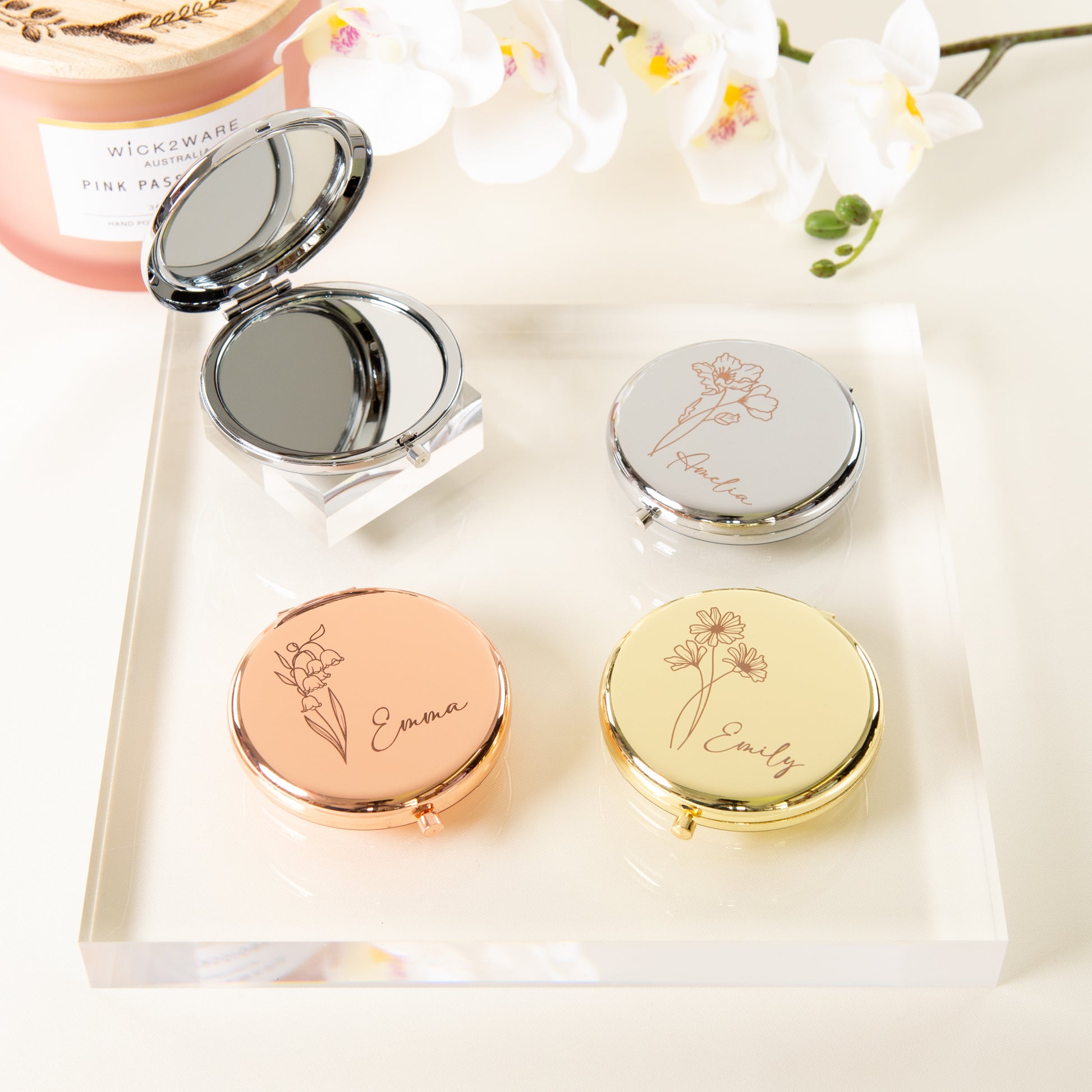 Personalised Compact Mirror with Engraved Birth Flower and Custom Name