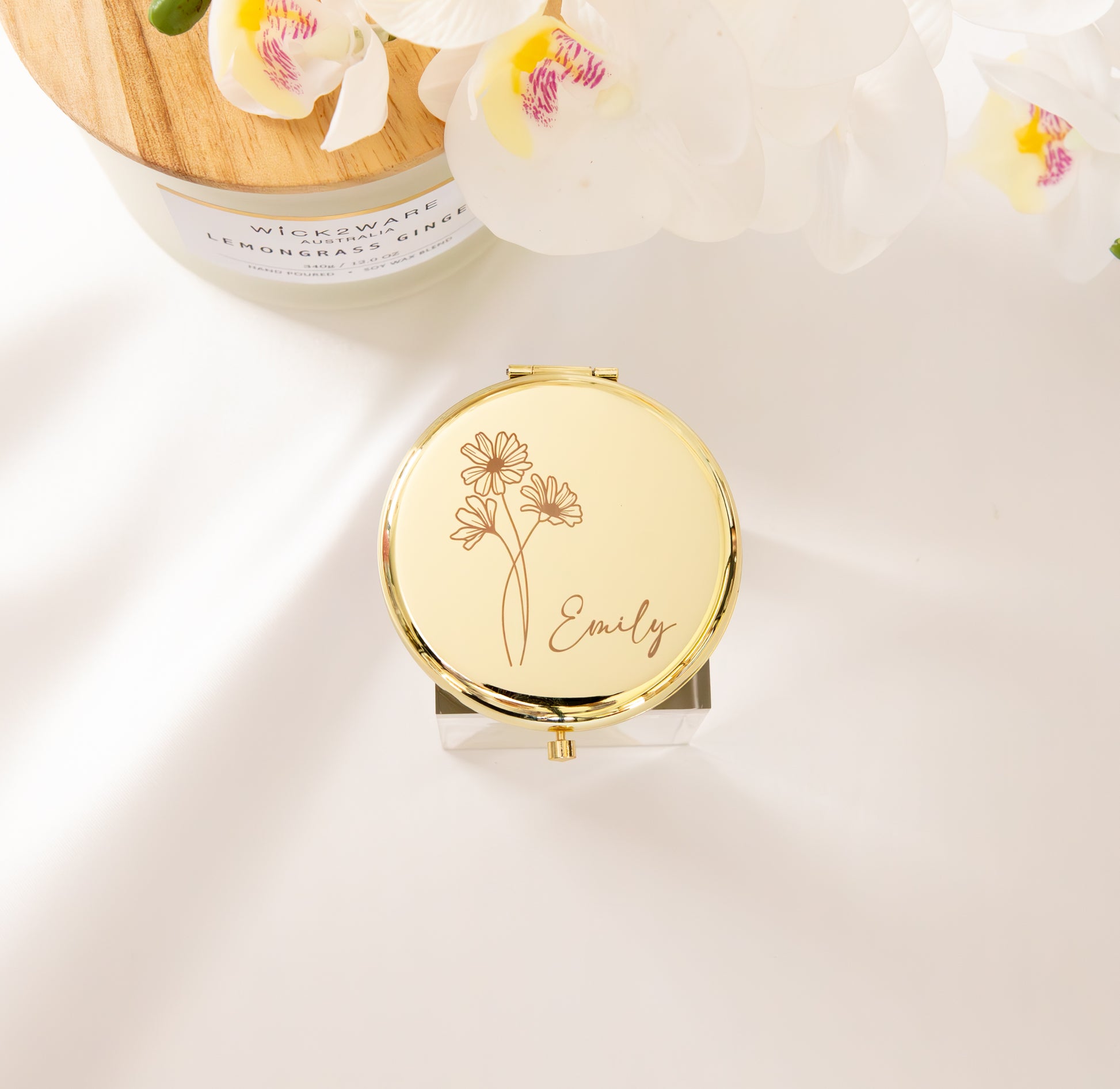 Gold personalised compact mirror with birth flower