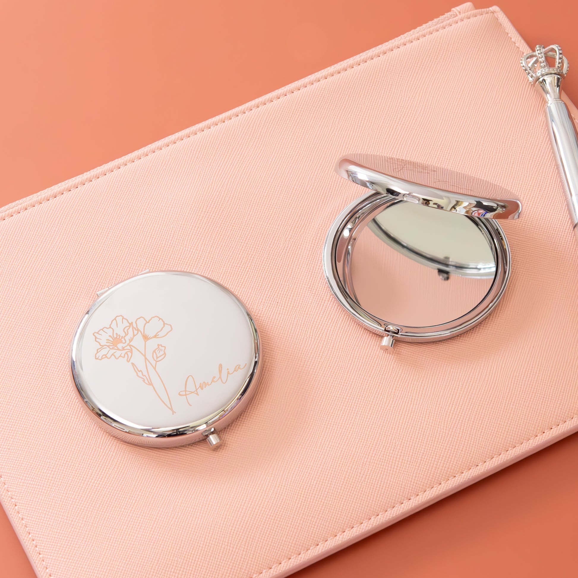 Silver personalised compact mirror with clutch pouch