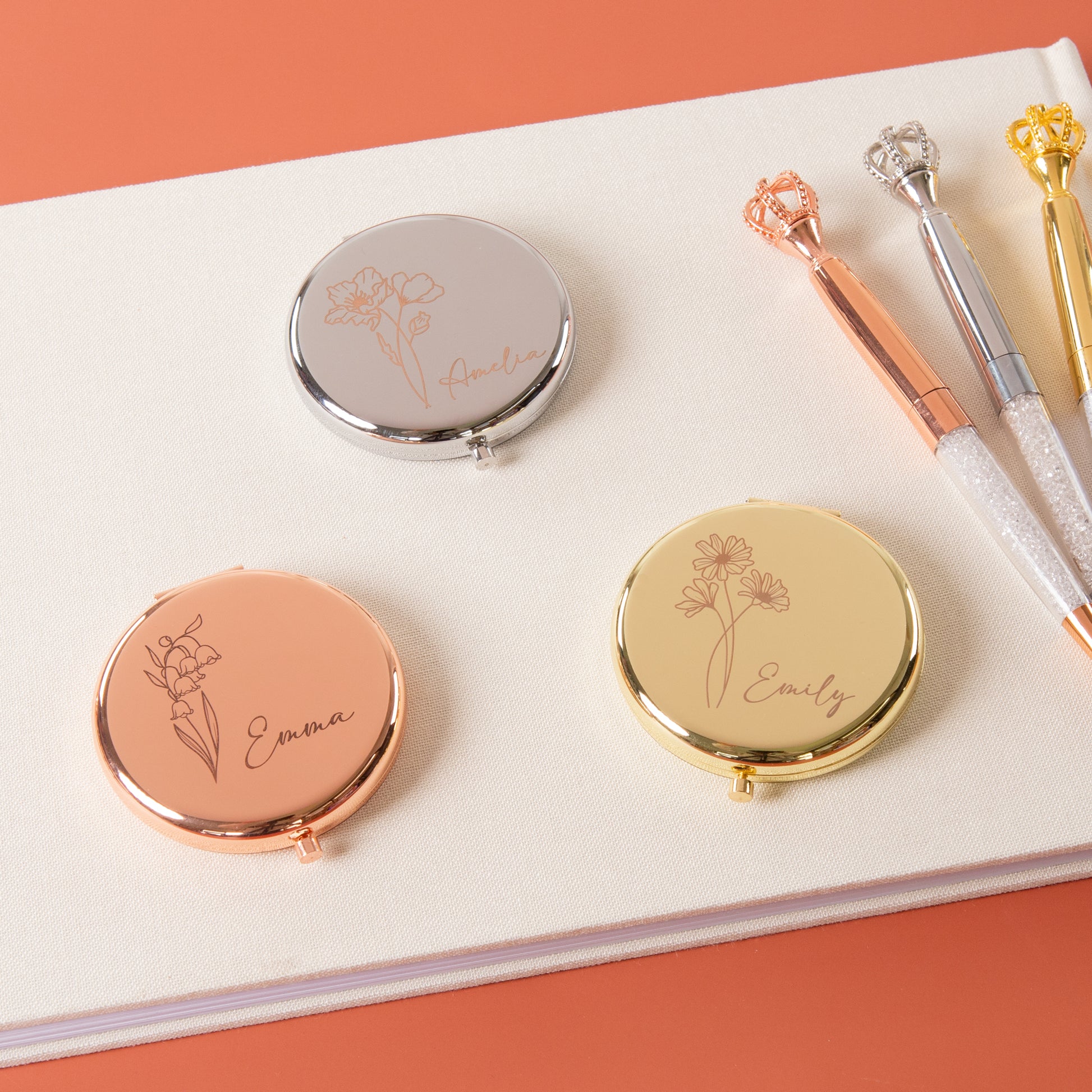 Silver, Rose gold and Gold personalised compact mirror