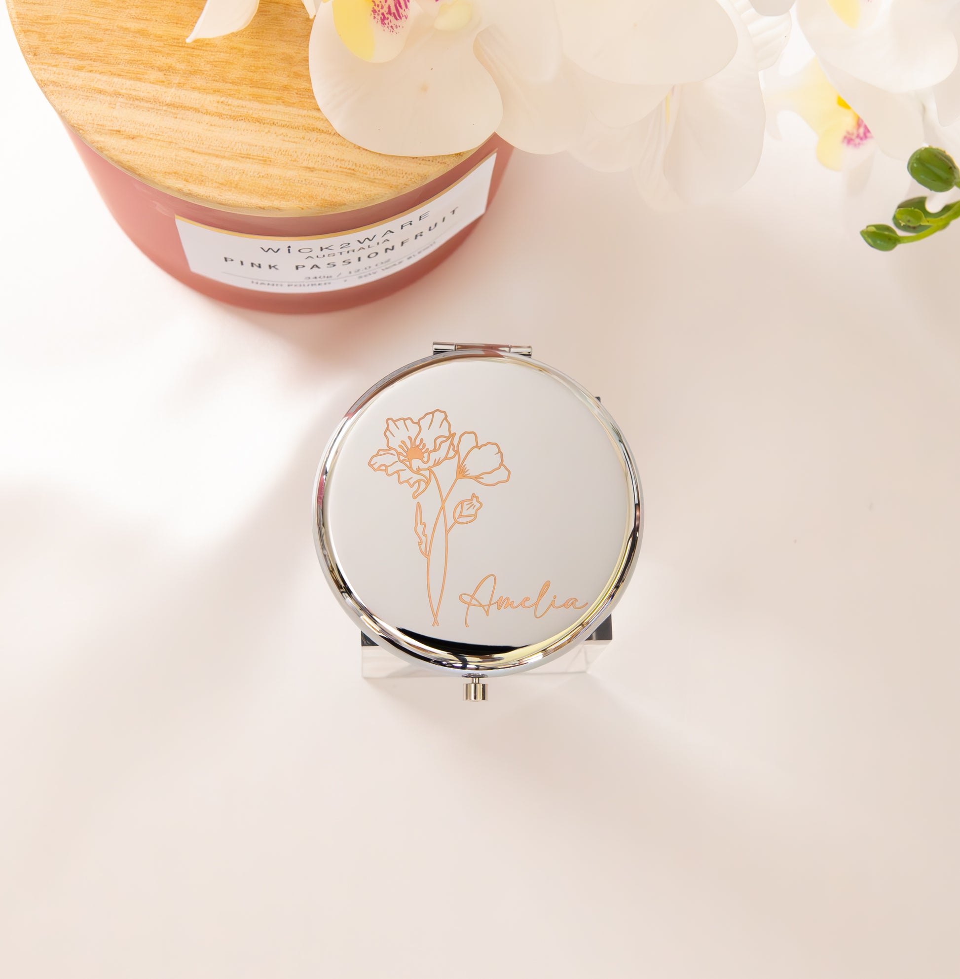 Silver personalised compact mirror with birth flower