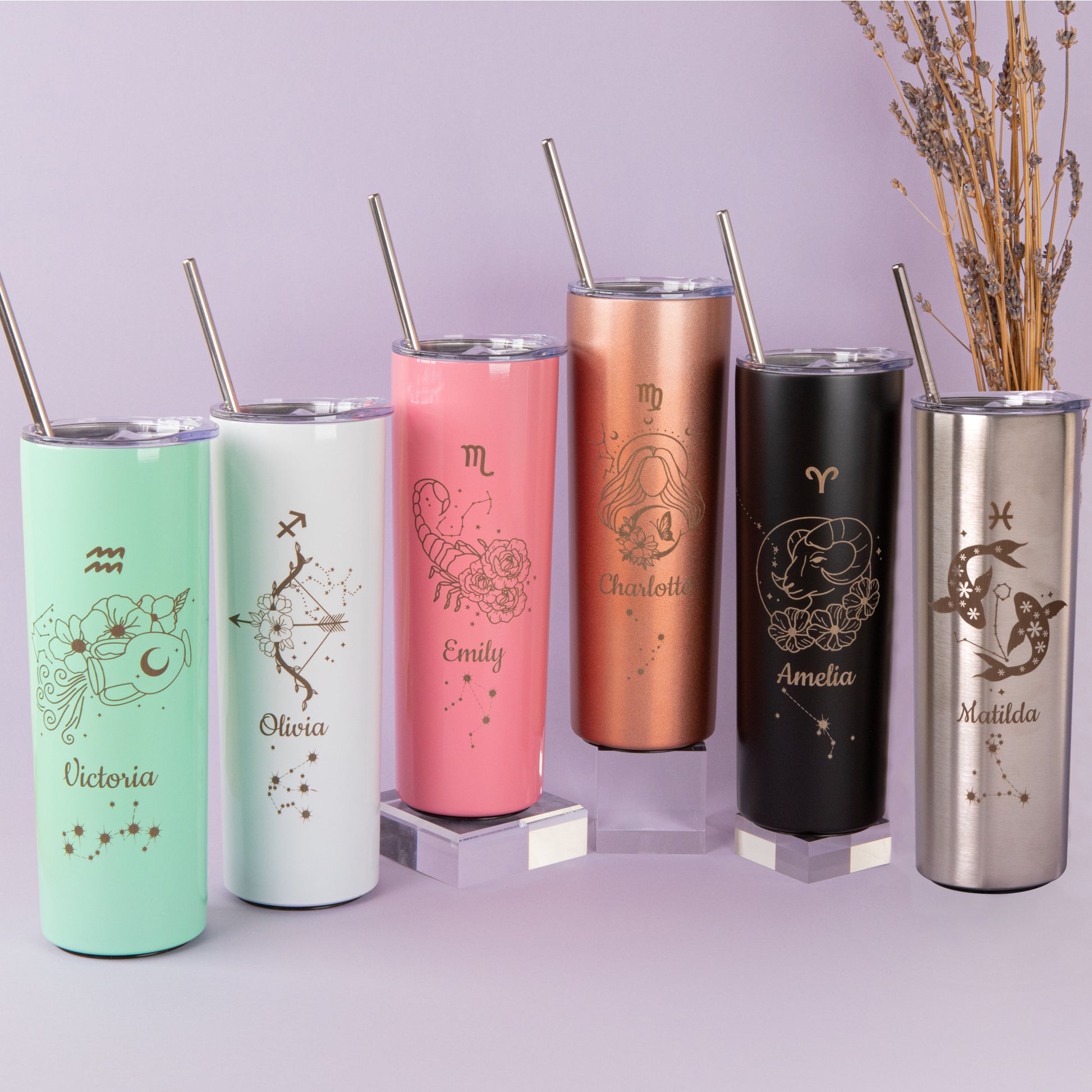 Zodiac Signs Tumbler, Personalised gift for Bridesmaid and Birthday, Customised presents for her, Water Bottle with straw, Bridal Party Gift