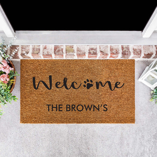 Personalised Family Name Doormat with Dog Paw [Brown]