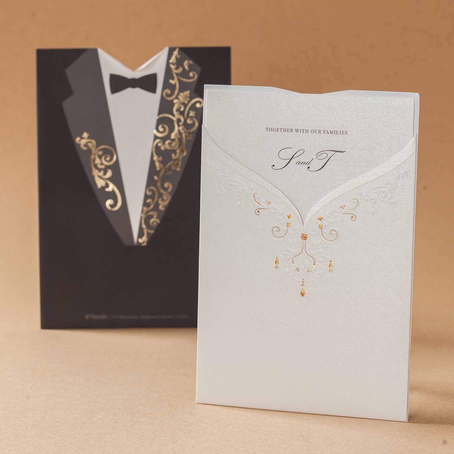 Wedding invitation, front has a wedding dress and tuxedo design on the back