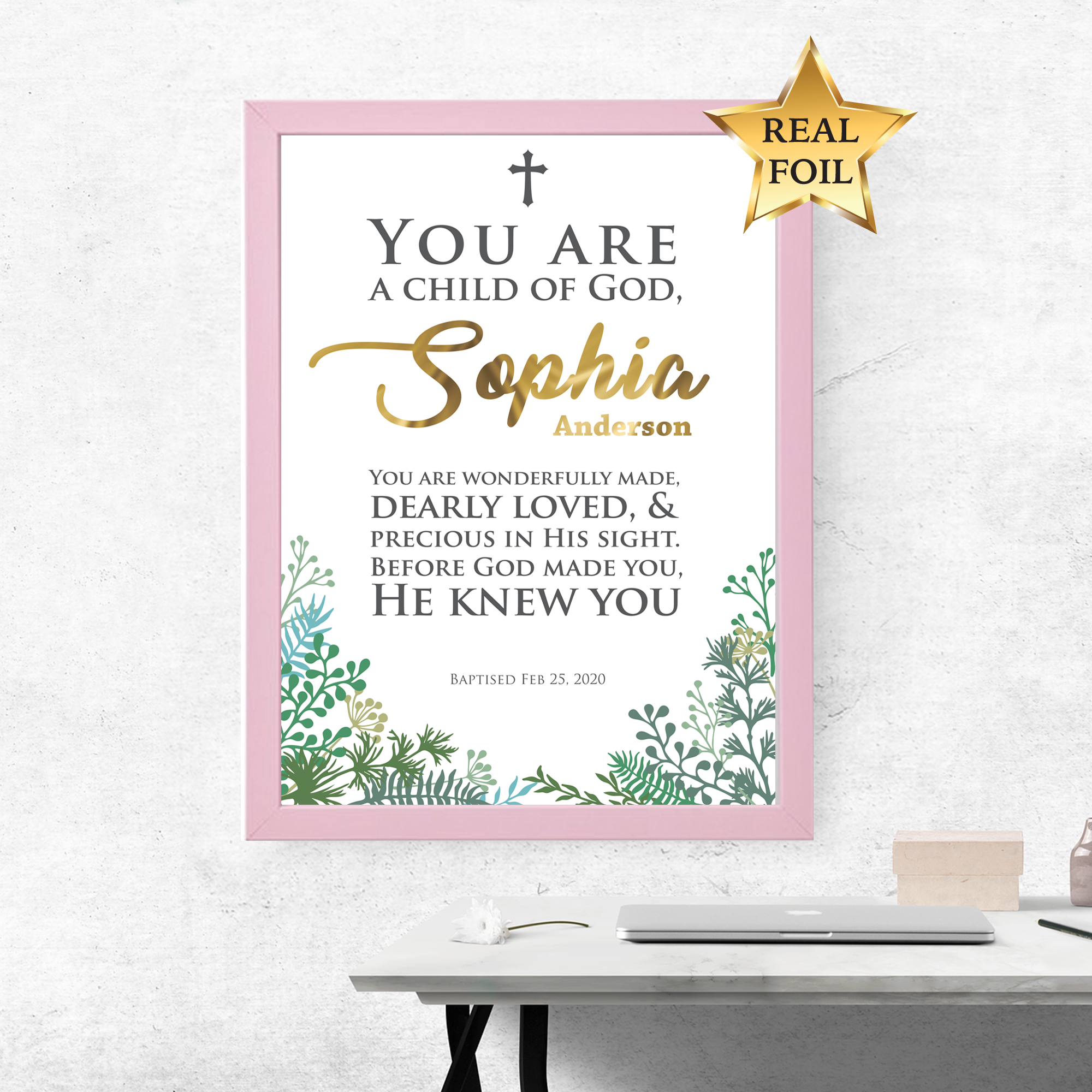personalised baptism gift with pink frame