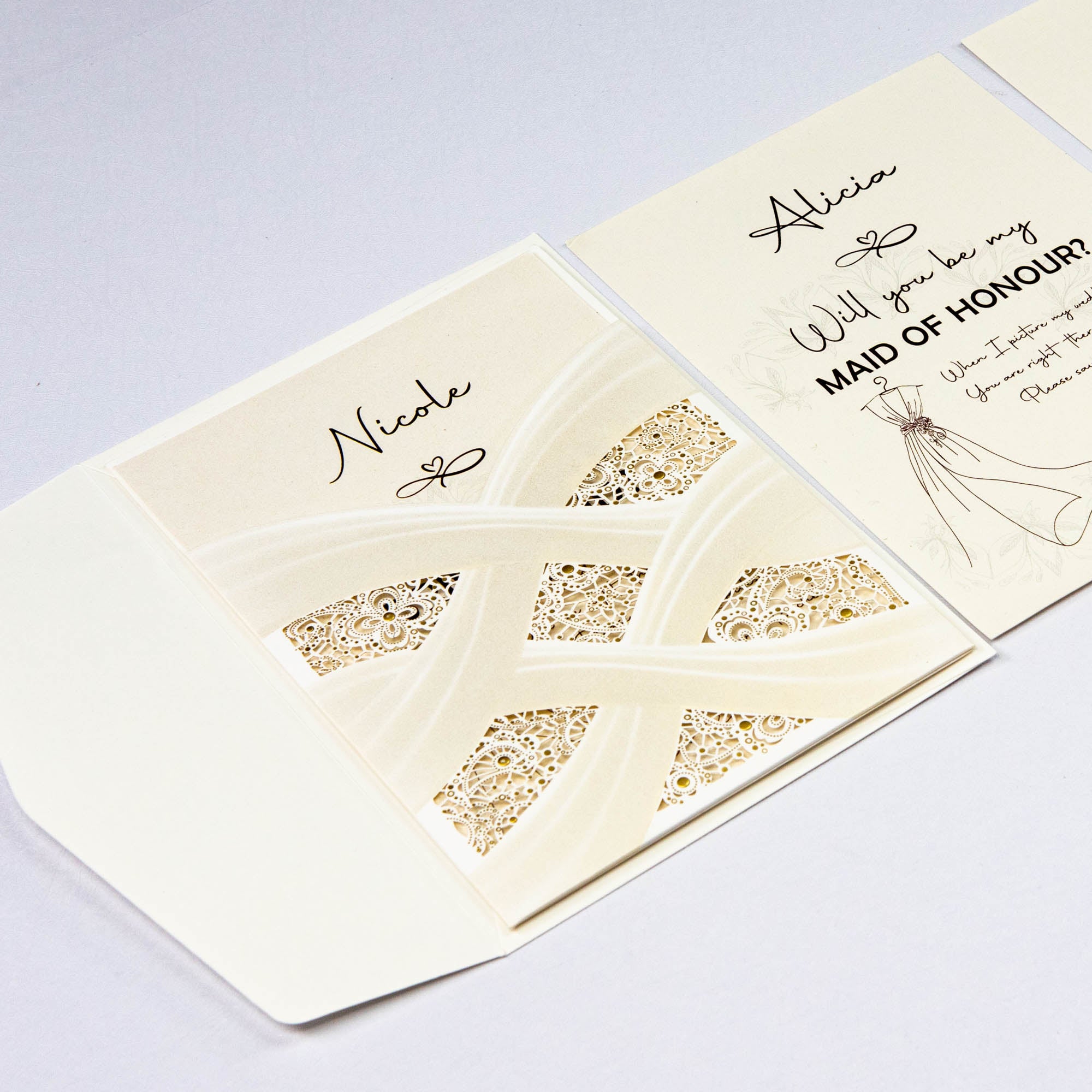 Will you be my bridesmaid, maid of honour card in modern design delicate laser cut pocket