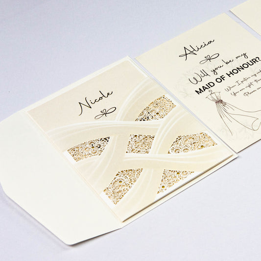 Will you be my bridesmaid, maid of honour card in modern design delicate laser cut pocket