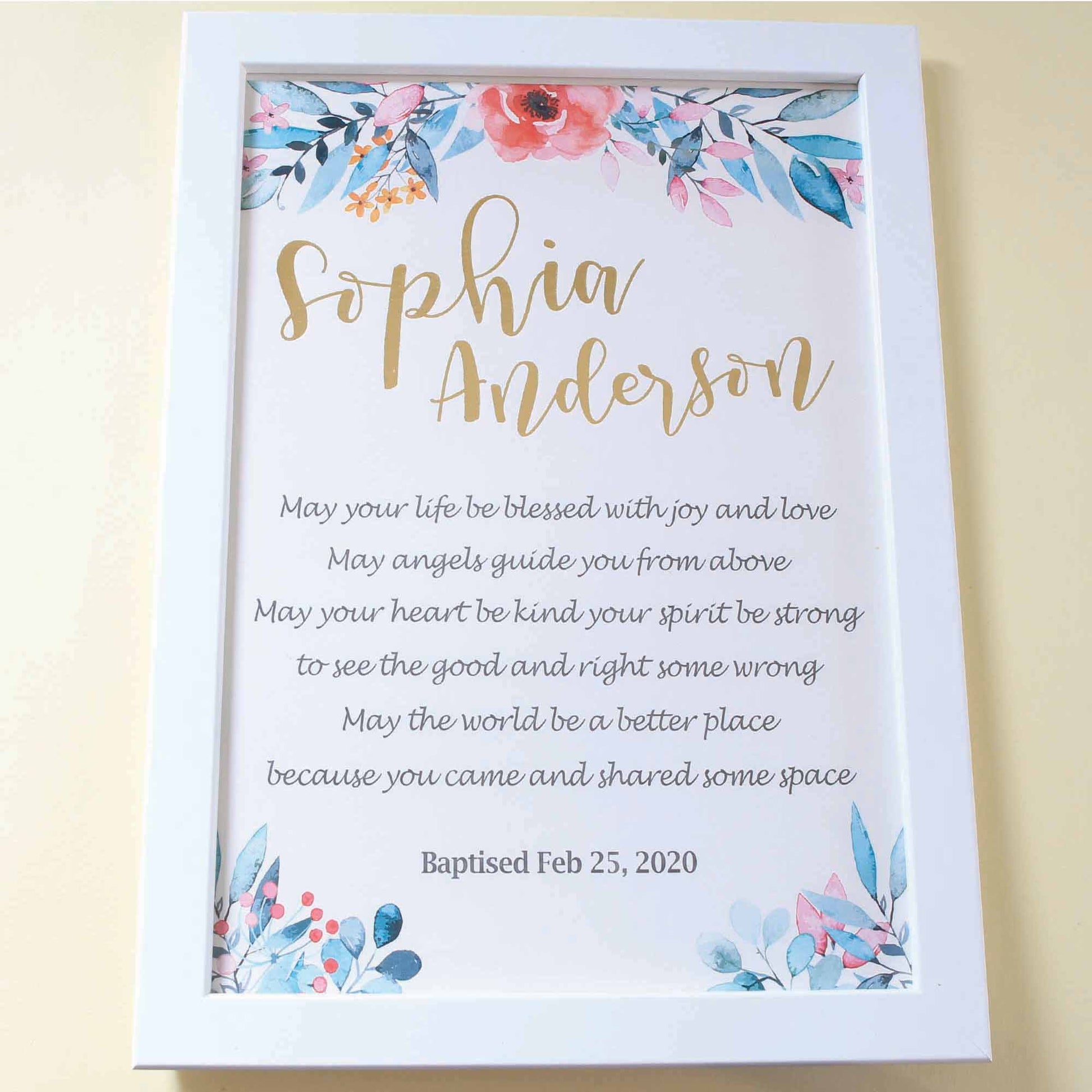 personalised baptism gift with white frame
