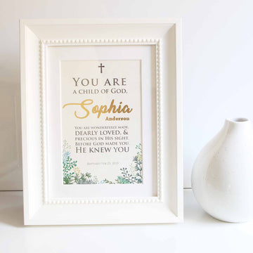 personalised baptism gift with decorative white frame